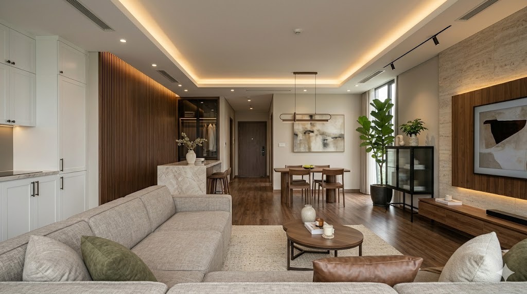 Phối cảnh phòng khách căn hộ 120m² phong cách hiện đại ấm — góc nhìn thứ hai