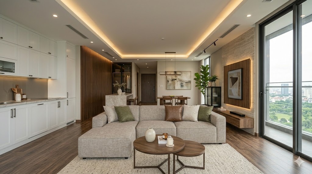 Phối cảnh phòng khách căn hộ 120m² phong cách hiện đại ấm — góc nhìn thứ ba