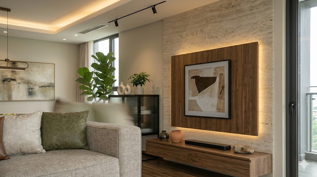 Phối cảnh phòng khách căn hộ 120m² phong cách hiện đại ấm — góc nhìn thứ tư
