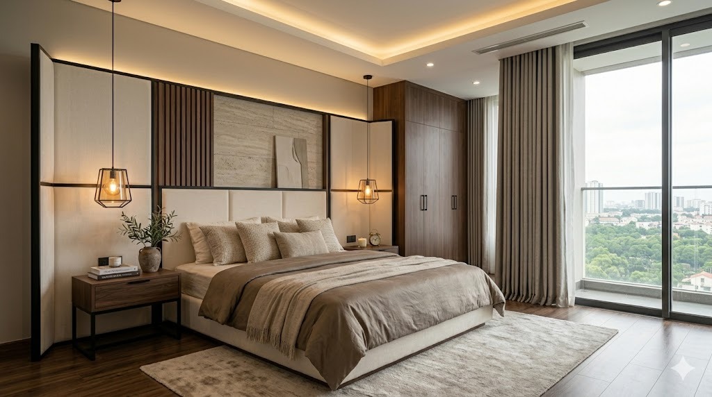 Phối cảnh phòng ngủ master căn hộ 120m² tông gỗ trầm và kem