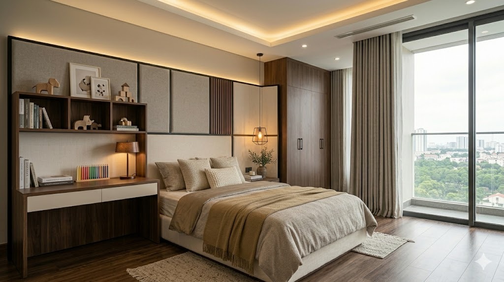 Phối cảnh phòng ngủ con căn hộ 120m² tông gỗ trầm và kem