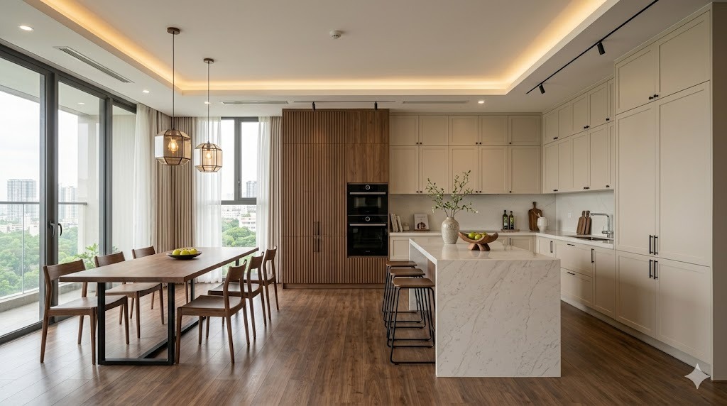 Phối cảnh bếp mở thông phòng ăn căn hộ 120m² phong cách hiện đại ấm