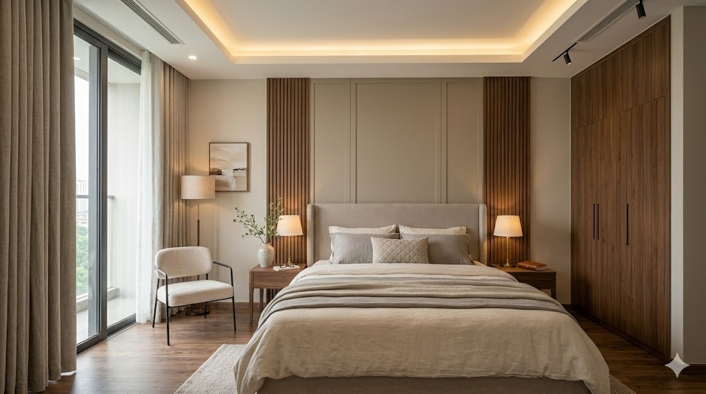 Phối cảnh phòng ngủ thứ 3 căn hộ 120m² tông gỗ trầm và kem