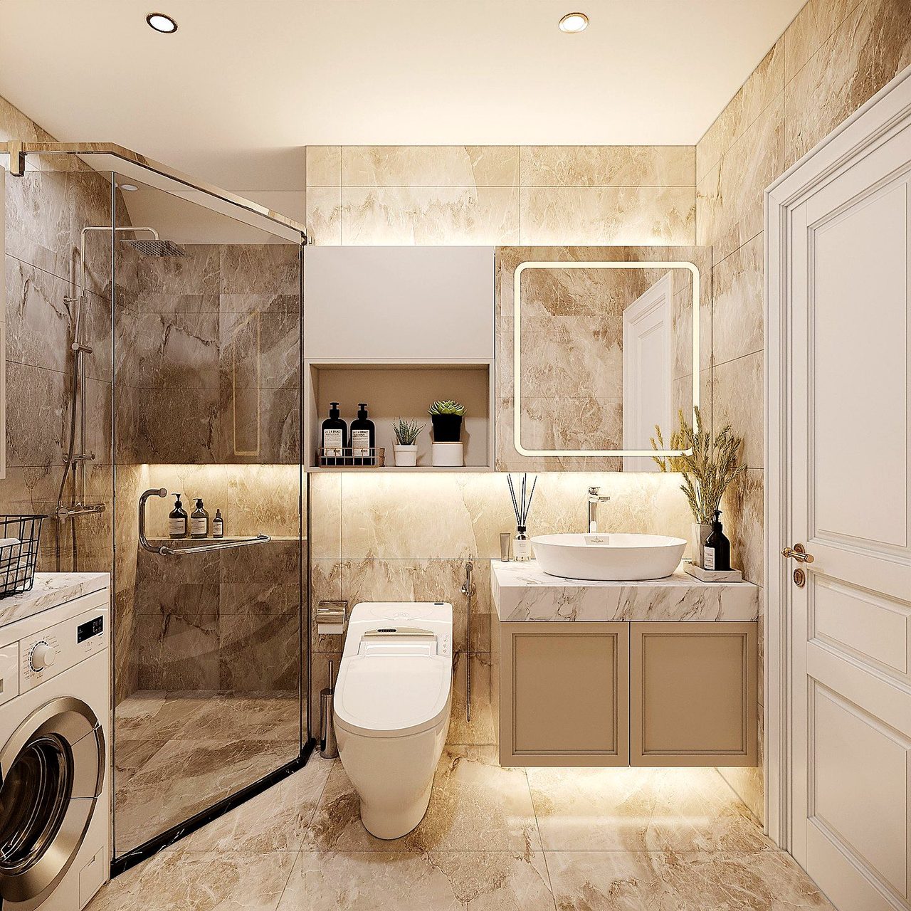 Thiết kế phòng tắm vệ sinh đẹp tách khu khô ướt với vách kính và vật liệu chống ẩm